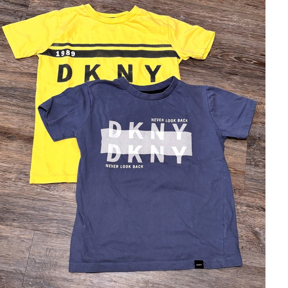 DKNY T-Shirts Graphic Logo Tees Yellow Blue Never Look Back Lot 2 Boys Size 8 S